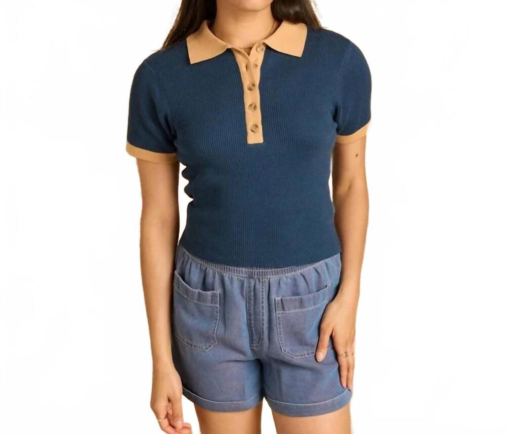NEW KNOWN SUPPLY zuri knit polo top in sapphire/latte